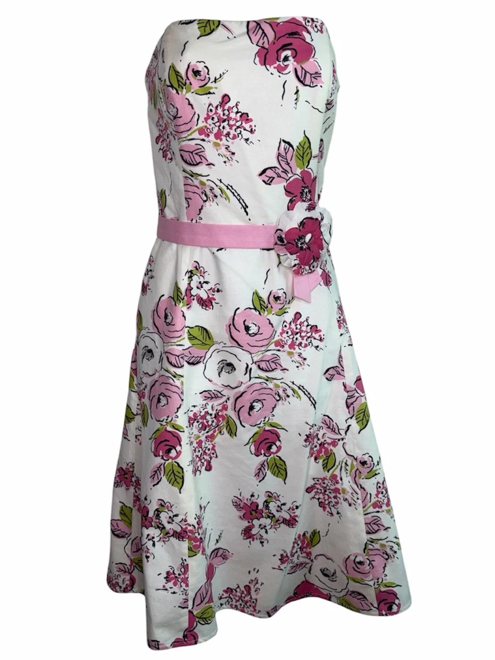 VINTAGE LOFT Cream Pink Green Floral Strapless Fit & Flare Dress Silk Cotton 4